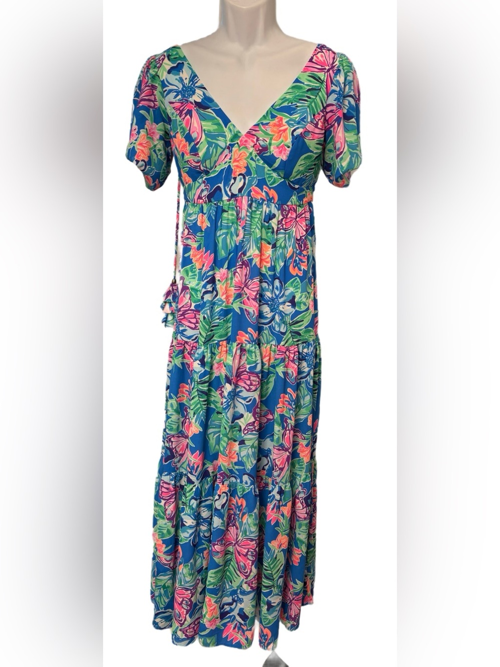 LILLY PULITZER Pink, Blue & Green Polyester Cap Sleeve Maxi Dress Size 0